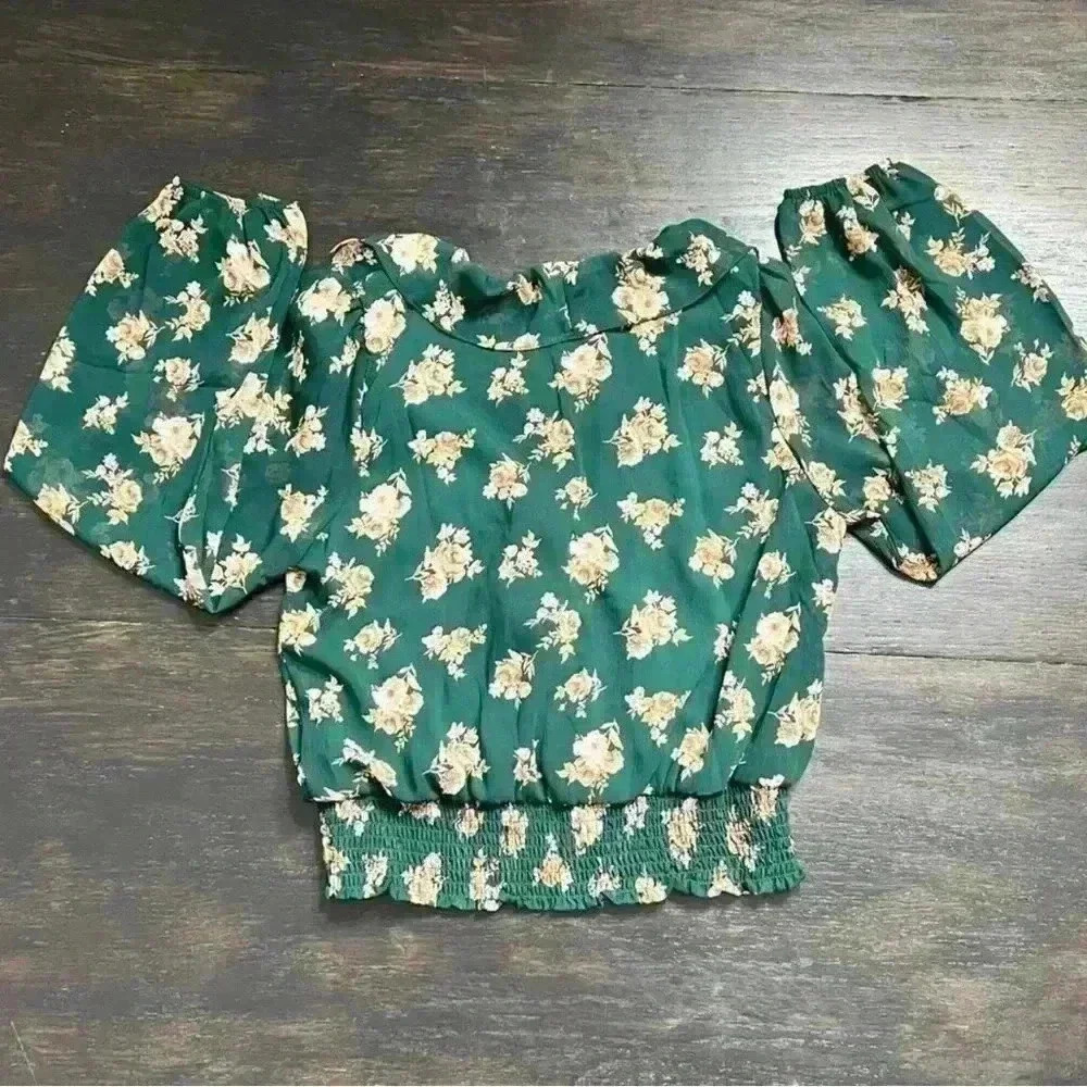 Lush Dark Green Floral Raya Peplum Smocked Waist Blouse Stitch Fix Milkmaid - Picture 8 of 14